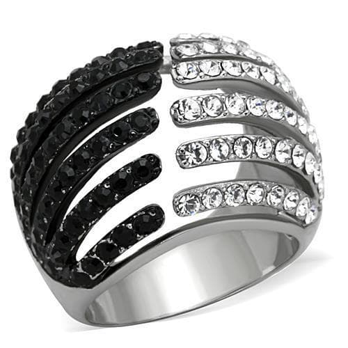 Stainless Steel Black Clear Crystal Pave Wave Band Ring