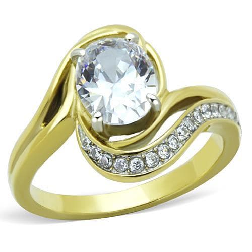 Stainless Steel Gold CZ Oval Pave Wave Bypass Ring