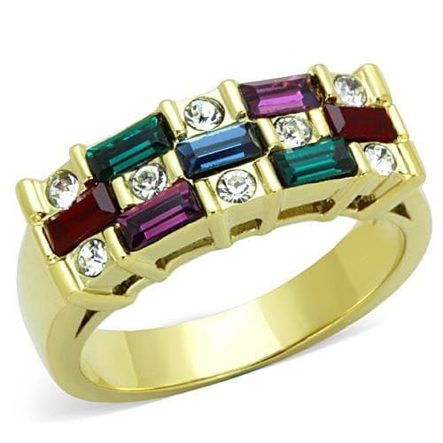 Stainless Steel Gold Rainbow Baguette CZ Two Row Channel Ring