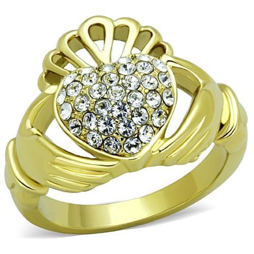 Stainless Steel Gold CZ Pave Claddagh Crown Ring