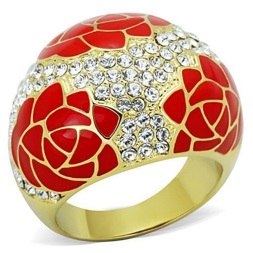 Stainless Steel Gold Red Enamel Rose CZ Pave Dome Ring