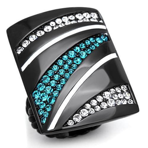 Stainless Steel Dark Aqua Clear Crystal Diagonal Stripe Wide Ring
