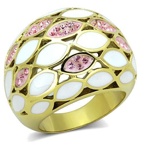 Stainless Steel Gold White Enamel Leaf Pink Crystal Dome Ring