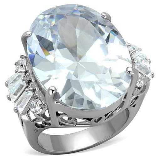 Stainless Steel CZ Large Oval Baguette Filigree Cocktail Ring