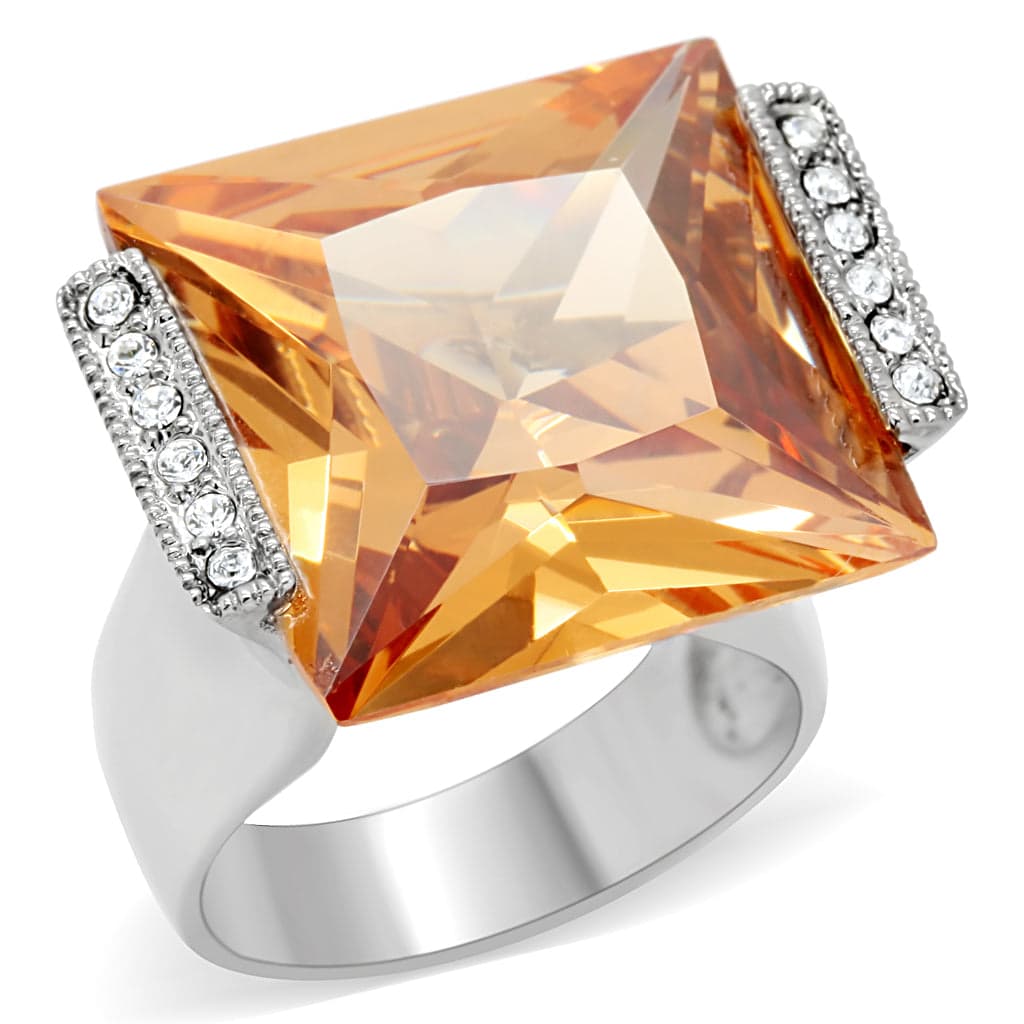 Stainless Steel Champagne Emerald Cut Crystal CZ Accent Ring