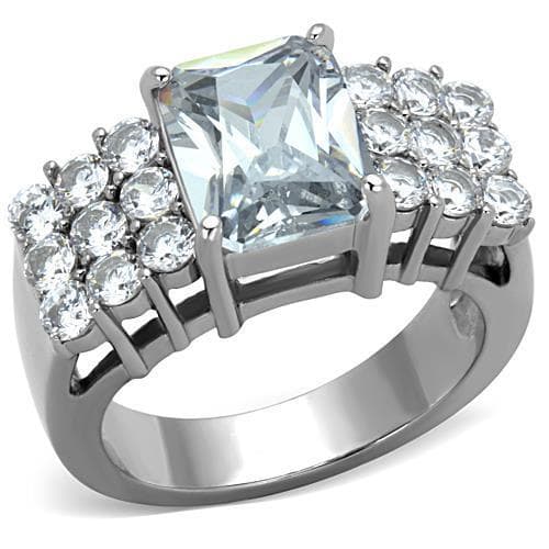 Stainless Steel CZ Emerald Cut Round Cluster Sides Ring