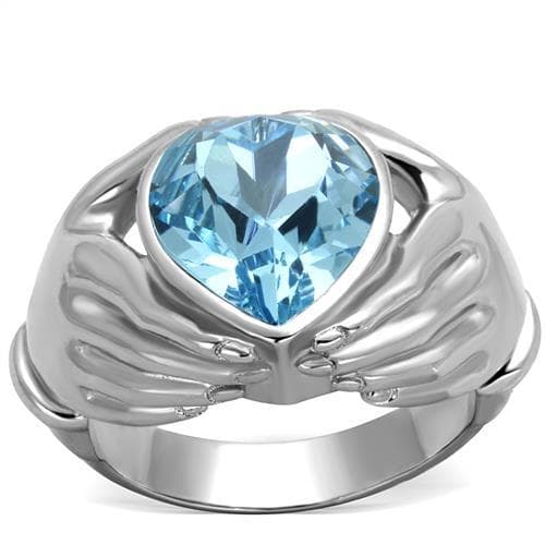 Stainless Steel Blue Topaz Heart Claddagh Hands Ring
