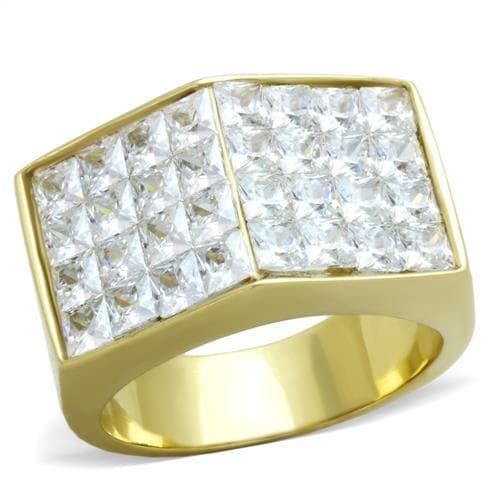Stainless Steel Gold IP CZ Grid Signet Ring