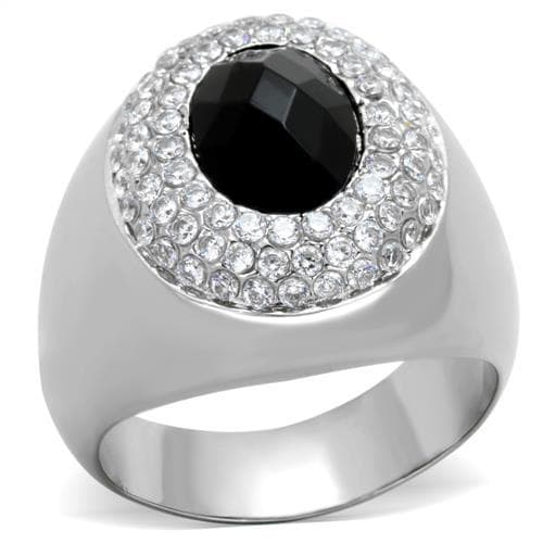 Stainless Steel Black Onyx Round CZ Pave Dome Mens Ring