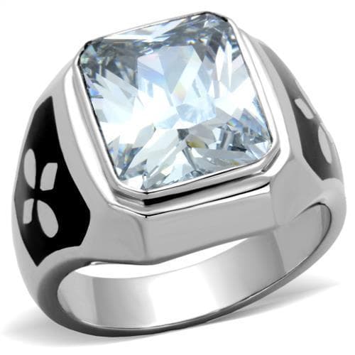 Stainless Steel CZ Emerald Cut Black Enamel Sides Mens Ring