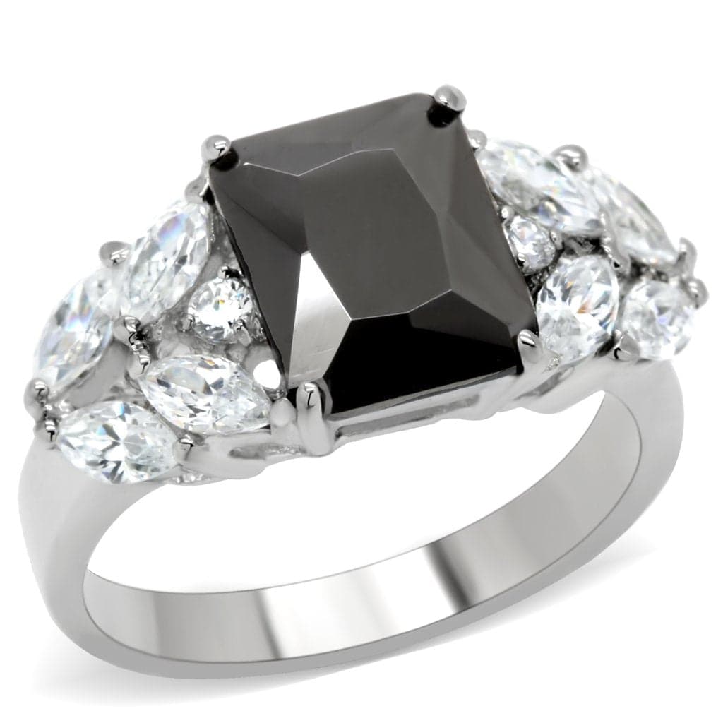 Stainless Steel Black Emerald Cut Clear Marquise Three Stone Ring