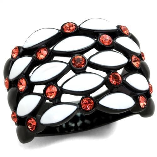 Stainless Steel White Enamel Web Pattern Orange CZ Black IP Ring