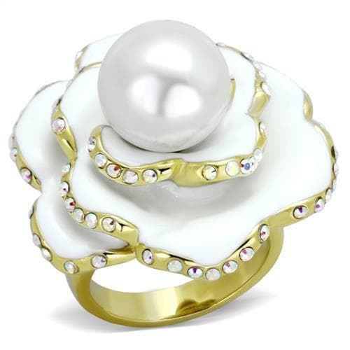 Stainless Steel White Enamel Pearl Flower Rose Ring