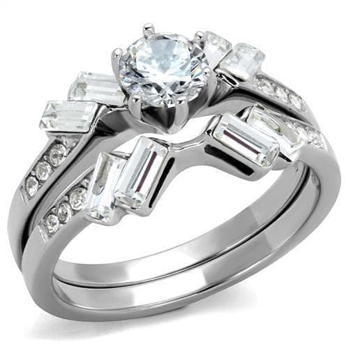 Stainless Steel CZ Baguette Cluster Bridal Set Ring