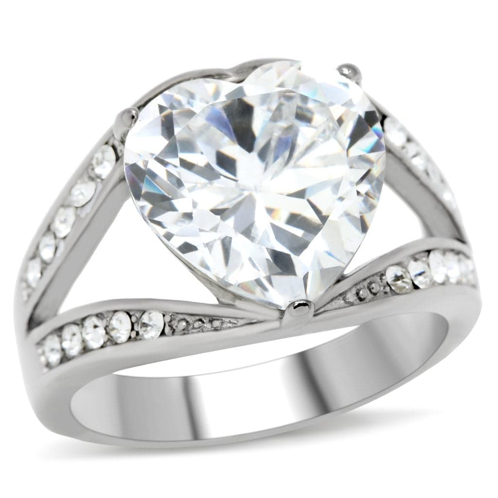 Stainless Steel CZ Heart Solitaire Split Shank Ring