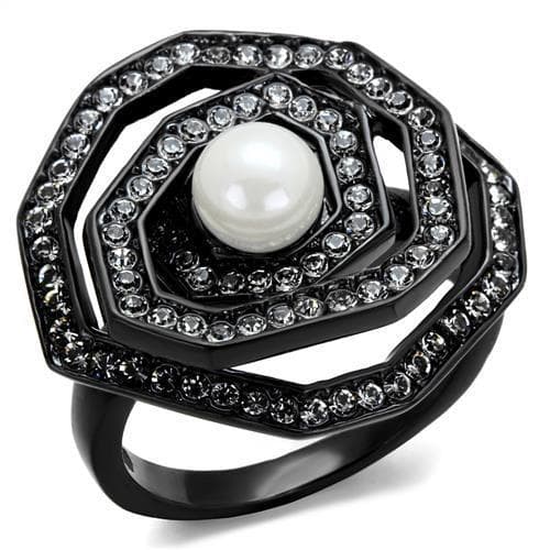 Stainless Steel Pearl Black IP Hexagonal CZ Pave Halo Ring