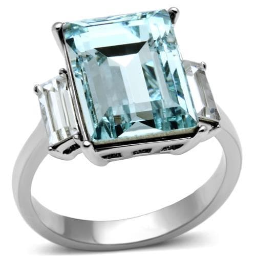Stainless Steel Aquamarine Emerald Cut Baguette Sides Ring