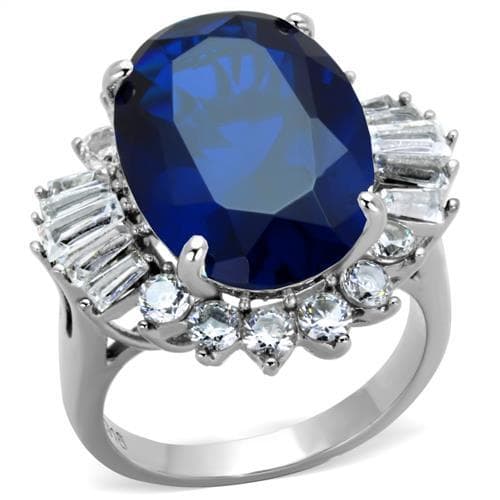 Stainless Steel Dark Blue Sapphire Oval CZ Halo Baguette Ring
