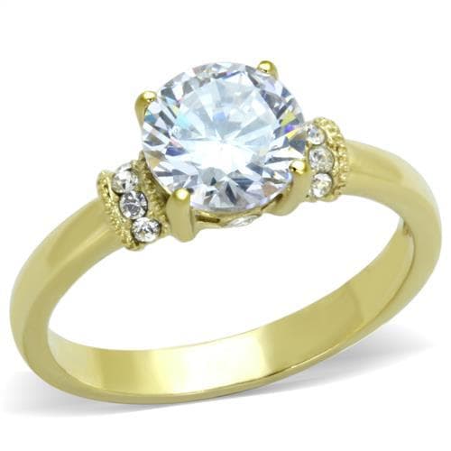 Stainless Steel Gold IP Round CZ Solitaire CZ Accent Ring