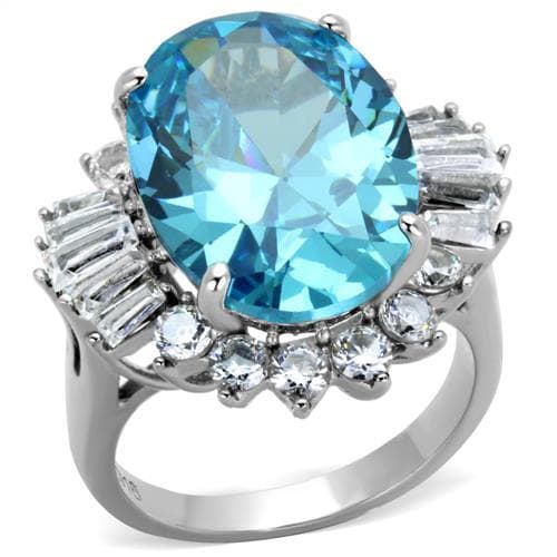 Stainless Steel Aqua Blue Oval CZ Baguette Halo Cocktail Ring