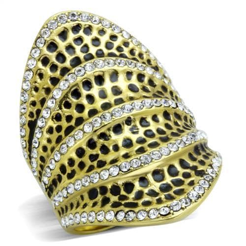 Stainless Steel Gold IP Black Cutout Dome CZ Stripe Ring