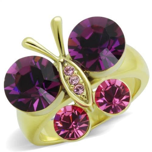 Stainless Steel Gold IP Purple Amethyst Triple Round Cluster Ring