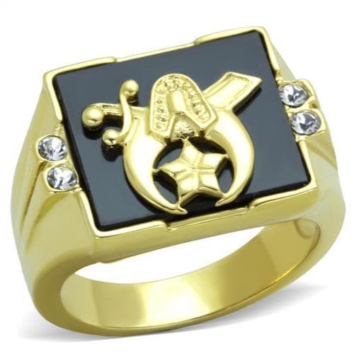 Stainless Steel Gold IP Masonic Shriner Black Onyx Signet Ring