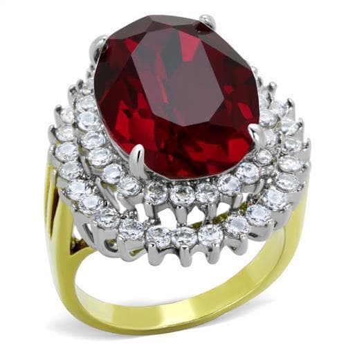 Stainless Steel Dark Red Garnet Oval CZ Double Halo Two Tone Ring