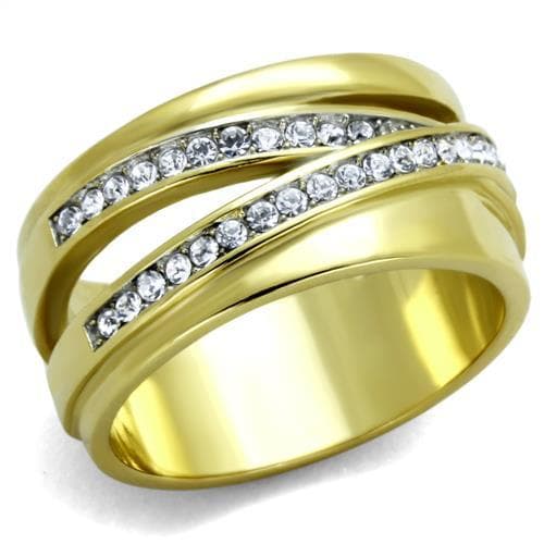 Stainless Steel Gold IP Smooth Crossover CZ Channel Wide Ring