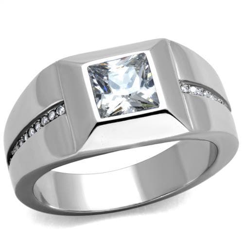 Stainless Steel CZ Princess Bezel Mens Signet Ring