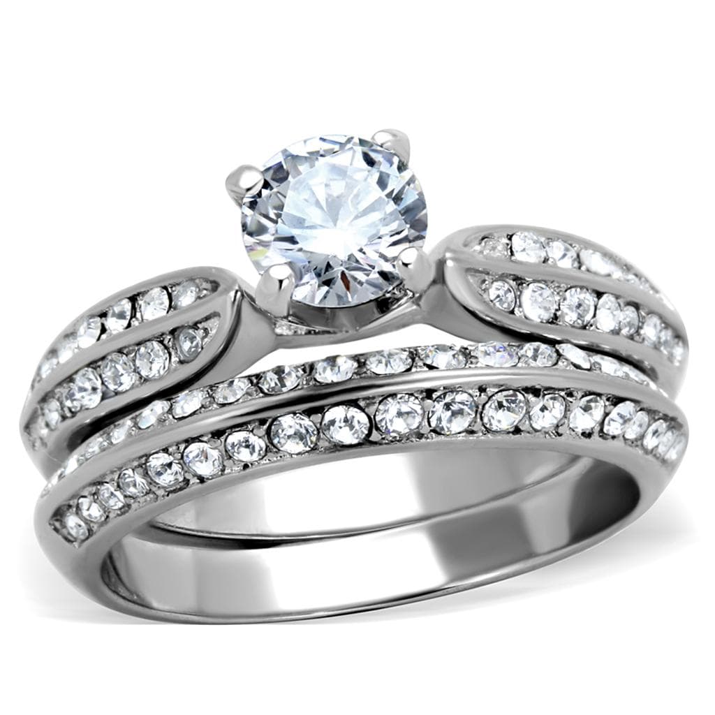 Stainless Steel CZ Wide Pave Three Ring Bridal Set