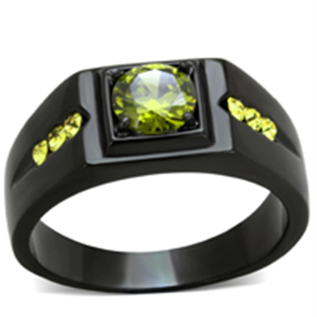 Stainless Steel Black IP Peridot Green CZ Yellow Accent Mens Ring