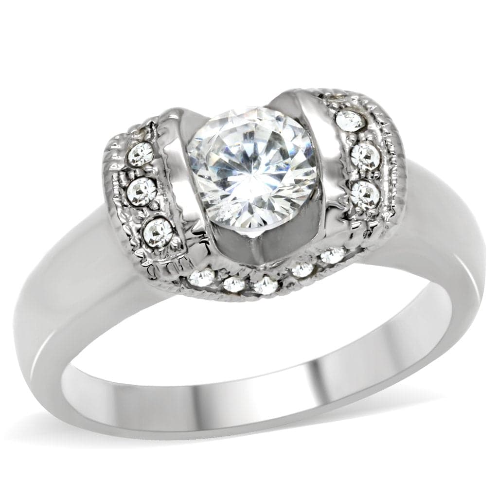 Stainless Steel CZ Round Halo Horseshoe U Shape Ring