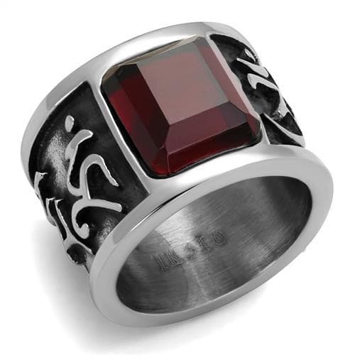 Stainless Steel Dark Red Garnet Emerald Cut Tribal Scroll Ring