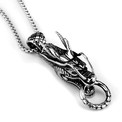 Stainless Steel Dragon Coiled Figure Pendant Necklace