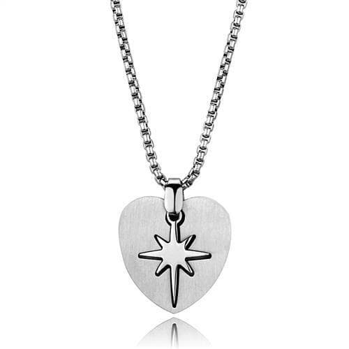 Stainless Steel Heart Starburst Compass Pendant Necklace