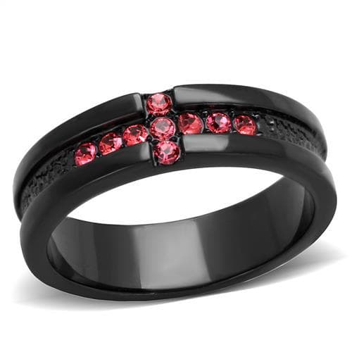 Stainless Steel Black IP Red Crystal Cross Channel Band Ring
