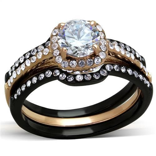 Stainless Steel Two Tone Rose Gold CZ Halo Pink Channel Ring