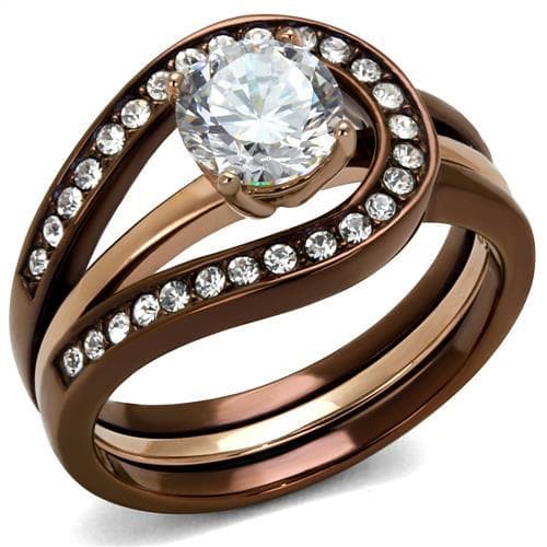 Stainless Steel Coffee IP CZ Round Halo Channel Bridal Set Ring