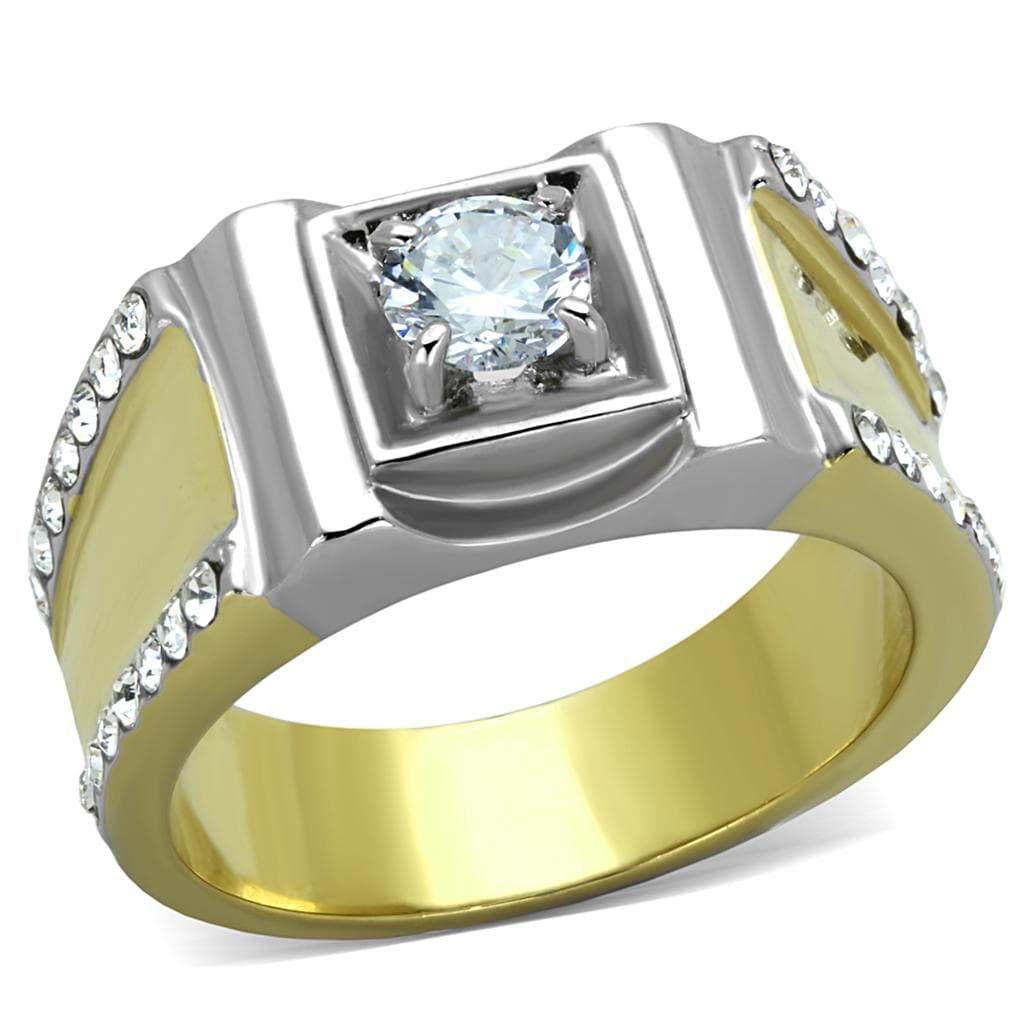 Stainless Steel Two Tone CZ Princess Halo Step Mens Signet Ring