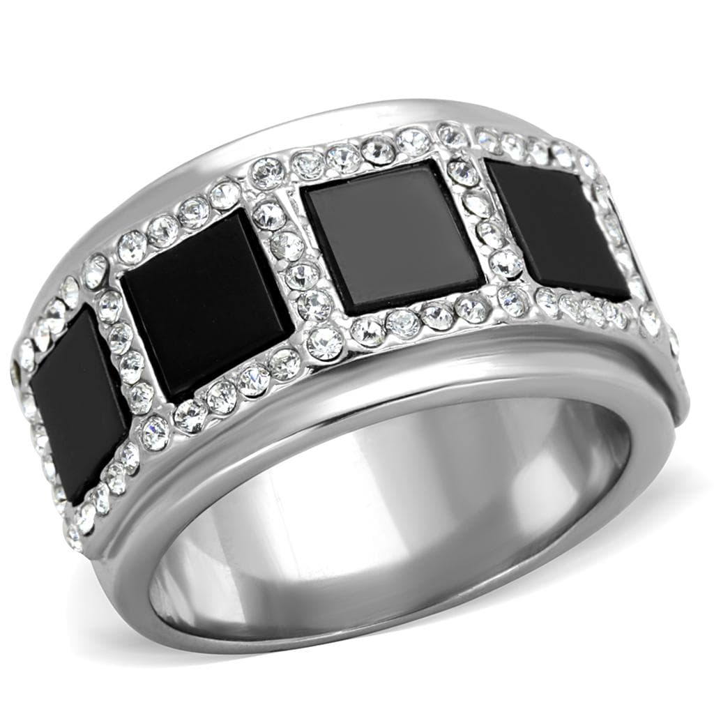Stainless Steel Black Onyx Double Square CZ Pave Mens Wide Ring