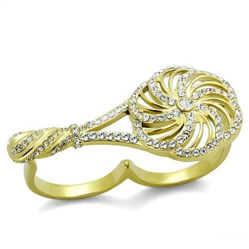 Stainless Steel Gold IP CZ Wave Swirl Pave Double Finger Ring