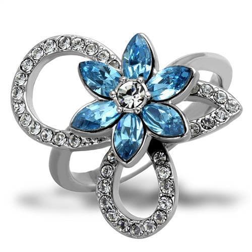 Stainless Steel Blue Topaz Flower Petal CZ Loop Ring