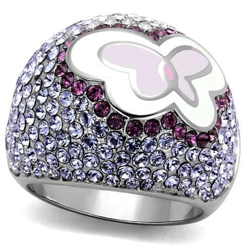 Stainless Steel White Enamel Butterfly Pink Purple Crystal Ring
