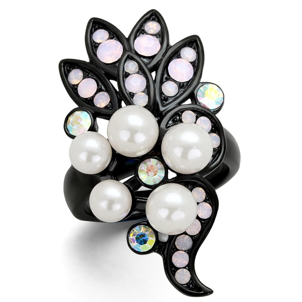 Stainless Steel Black IP Pearl Opal Leaf Cluster Ring