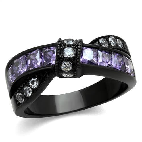 Stainless Steel Black IP Amethyst Purple Princess Channel CZ Ring