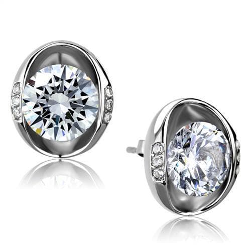 Stainless Steel CZ Round Oval Bezel Stud Earrings