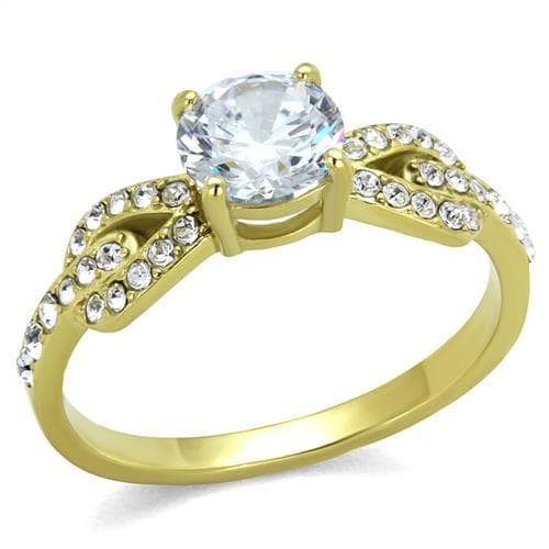 Stainless Steel Gold IP CZ Round Cathedral Pave Wide Ring