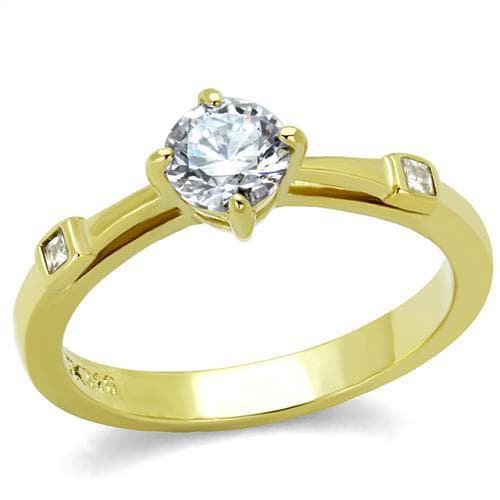 Stainless Steel Gold IP CZ Round Solitaire Princess Side Ring