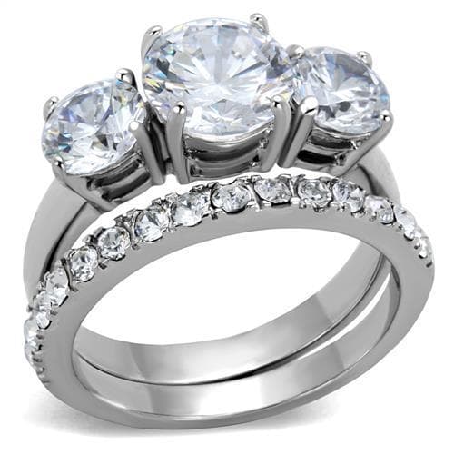 Stainless Steel CZ Three Stone Round Pave Bridal Set Ring